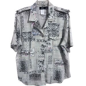 Tapestry VTG Safari Animal Print Women’s Short Sleeve Button Down Top Size 14/16